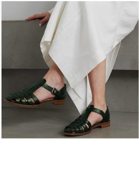 FSJ Shoes - FSJ Green Retro Closed Toe Low Block Heel Woven Roman Ankle Strap Caged Sandals